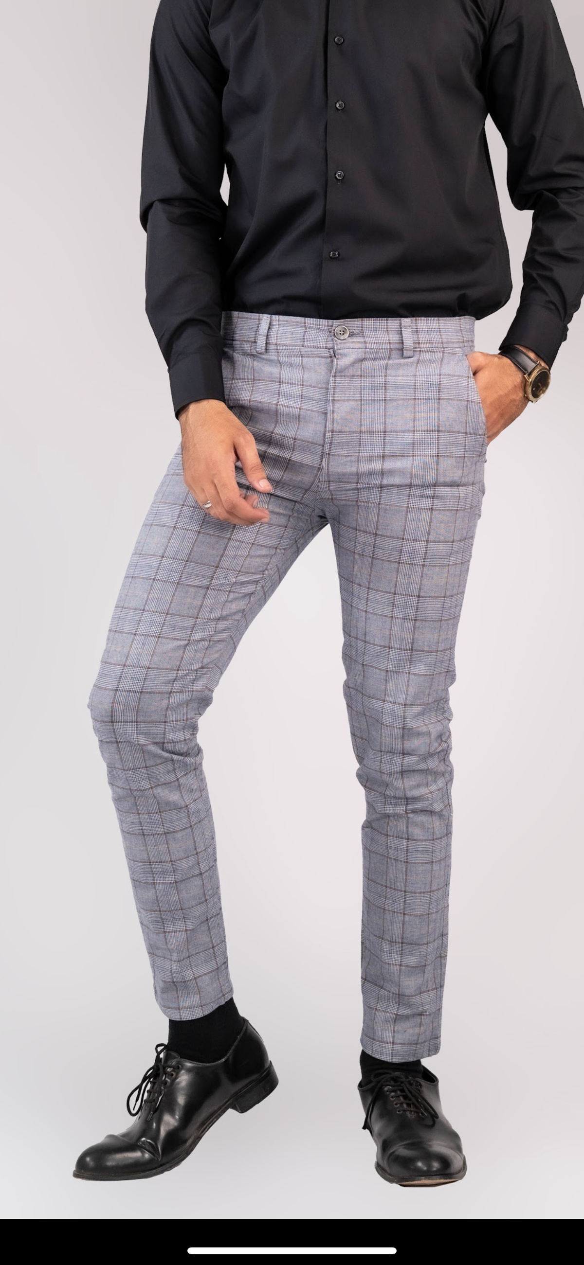Grey Check Slim Cotton Chino Trousers
